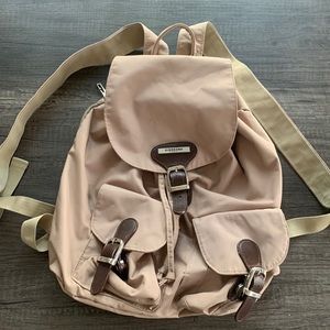 Giordano Beige Nylon Backpack Brown Leather Trim Minimalist Travel School Bag